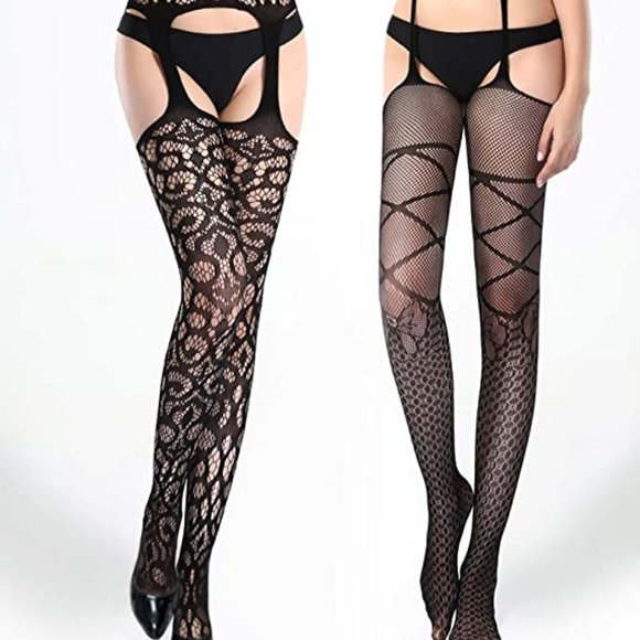 VERO MONTE Black Patterned Fishnet Tights Fishnets Stockings With Garter Belts - Picture 4 of 5